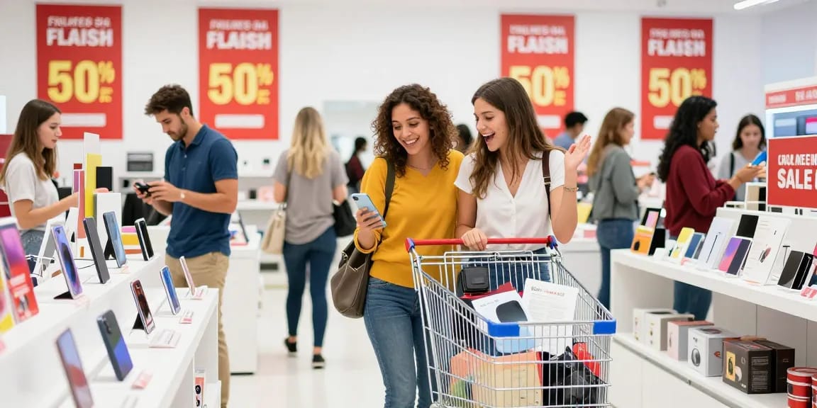 Shoppers excitedly browsing the rokok88 flash sale, vibrant product displays and discount posters visible.