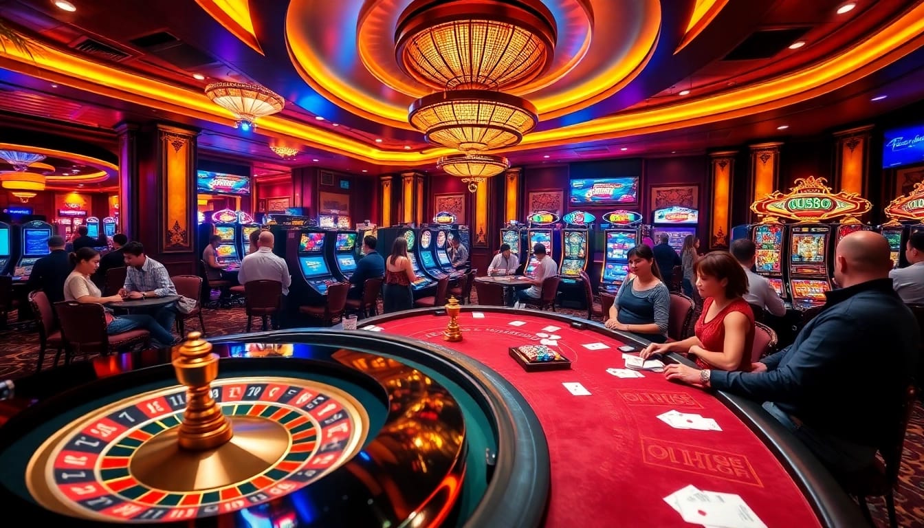 A lively casino scene featuring players at af88.com tables, enhancing their gambling experience with excitement and adventure.
