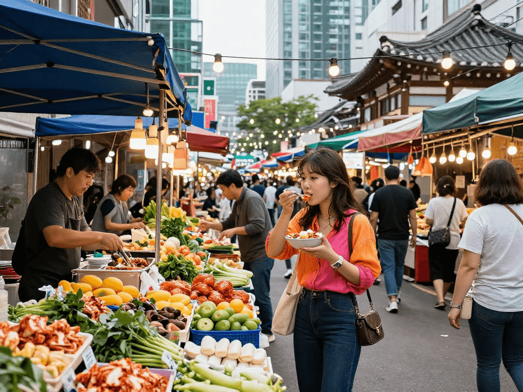 강남 달토에서 다양한 길거리 음식을 즐기는 사람들로 붐비는 식품 시장의 생생한 풍경