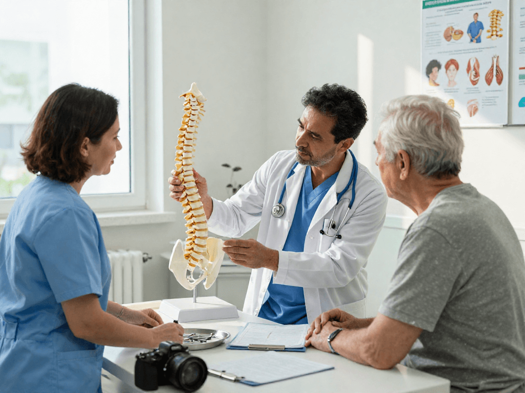 Consultation on Dar kanal ameliyatı, orthopedic surgeon explaining spinal health with patient in clinic.