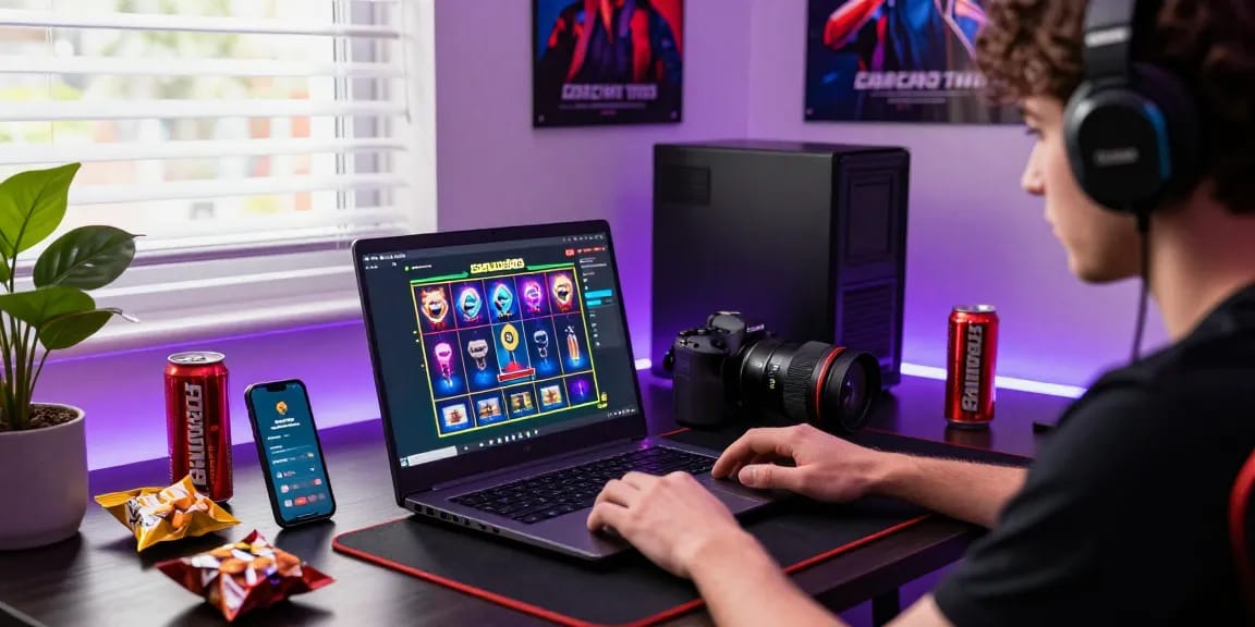 Engaged user accessing garuda303 login on a vibrant laptop setup in a gaming room atmosphere.
