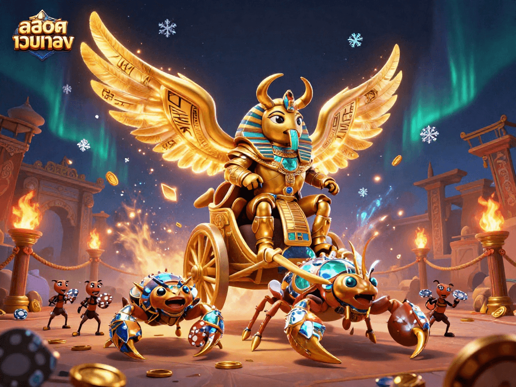 Play สล็อตเว็บตรง with excitement featuring a golden scarab beetle and scorpion chariot in this dynamic casino scene.