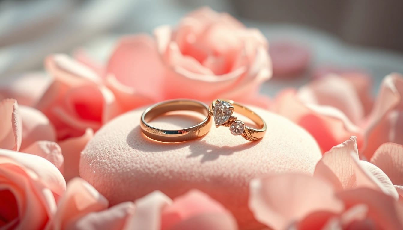 Couple rings displayed elegantly with unique designs and soft lighting.