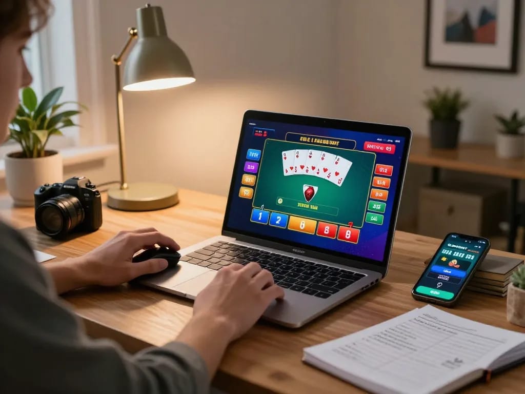 Live dealer game at home with rokok88 player strategizing on laptop.