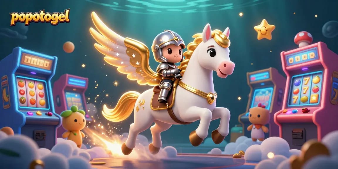 Experience the magic of popotogel with a charming knight on a celestial horse amidst vibrant casino elements.