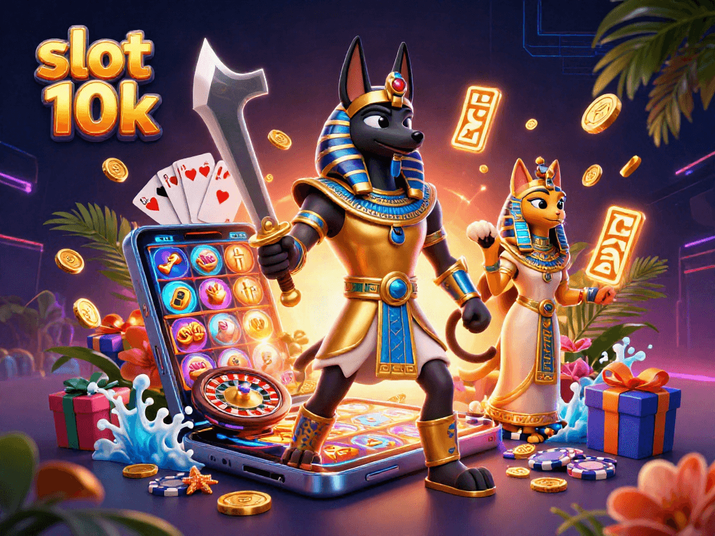 Engage with slot 10k dynamics: Anubis and Bastet embellishing a vibrant casino scene.