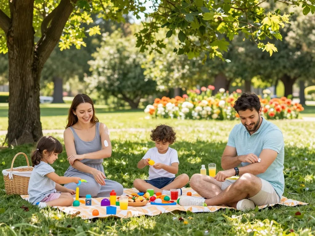 Family applying mosquito repellent while enjoying a sunny picnic in the park, promoting outdoor safety and comfort