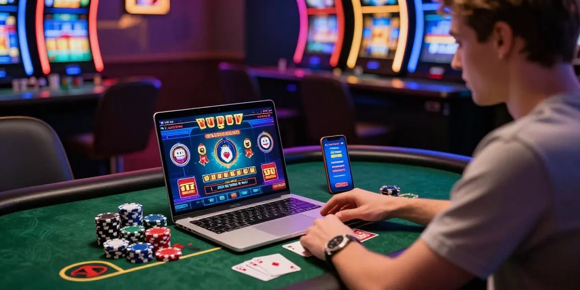 Engaged player at a laptop showcasing uk online credit card casinos in vibrant virtual gaming environment.