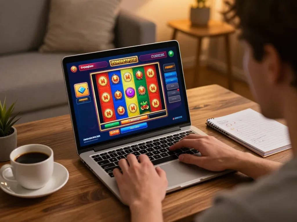Player enjoying nagapoker slot games on a laptop in a cozy home setting.