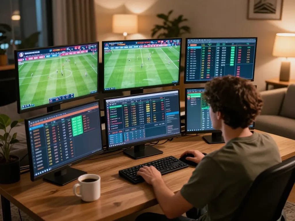 Engaging in online gambling on cacuocbongda with multiple screens displaying live sports.