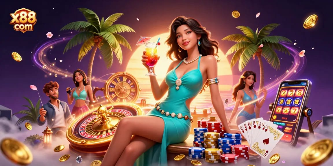 Spin to win at x88 com with a stunning 3D casino scene featuring glamorous characters and dynamic gaming elements.