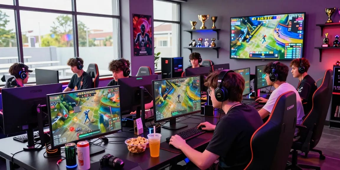 Engaged players in a dynamic esports environment featuring live gameplay in a modern gaming studio, inviting readers to 閱讀更多 about online gaming.
