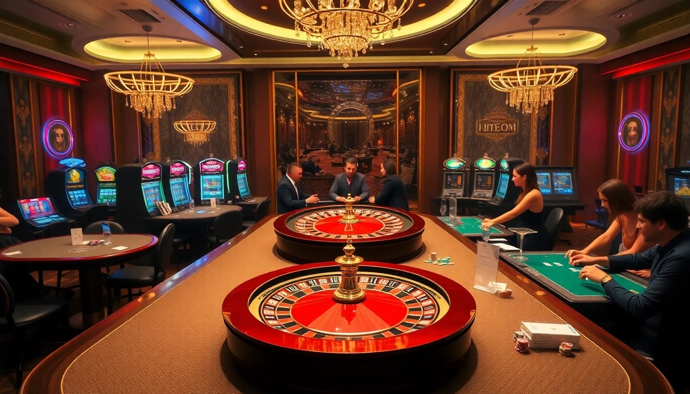 Players enjoying a thrilling casino experience at KJC COM with poker chips and roulette wheel.