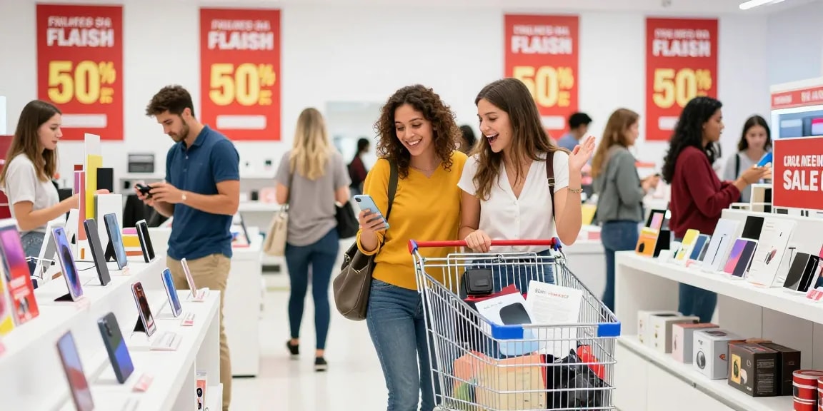 Shoppers excitedly browsing the rokok88 flash sale, vibrant product displays and discount posters visible.