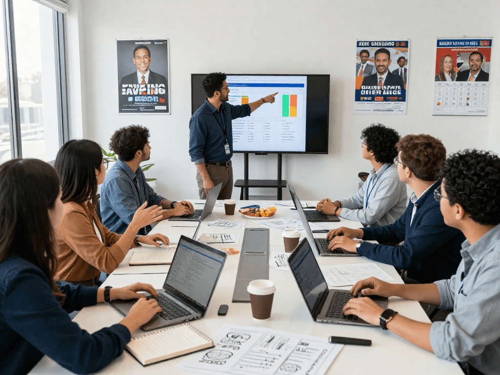 Engaged team strategizing effective direct mail for candidates in a contemporary office.