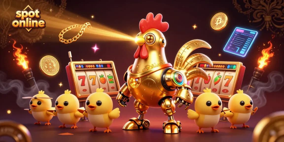Engage with slot online as golden rooster robot and baby chick drones celebrate big wins in vibrant casino scene.