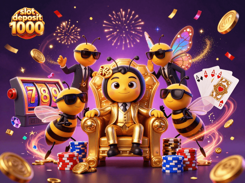 Mengoptimalkan slot deposit 1000 dengan ilustrasi yang menampilkan karakter kasino yang unik dan kaya elemen permainan.