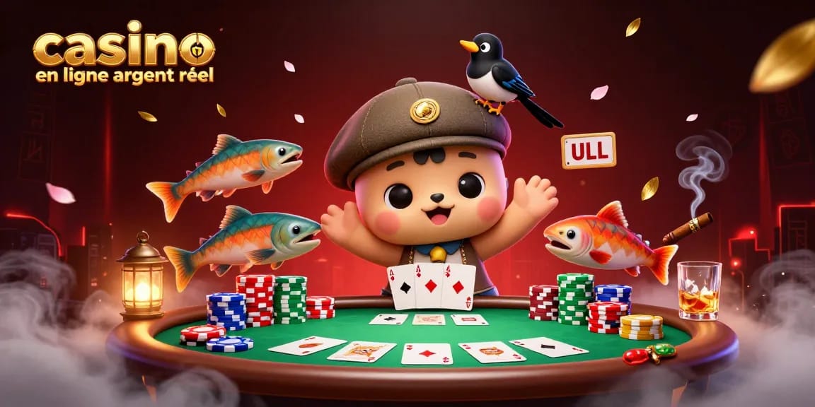 Jouez à des jeux de casino en ligne argent réel avec des personnages colorés et des éléments de poker, dans une illustration 3D dynamique.