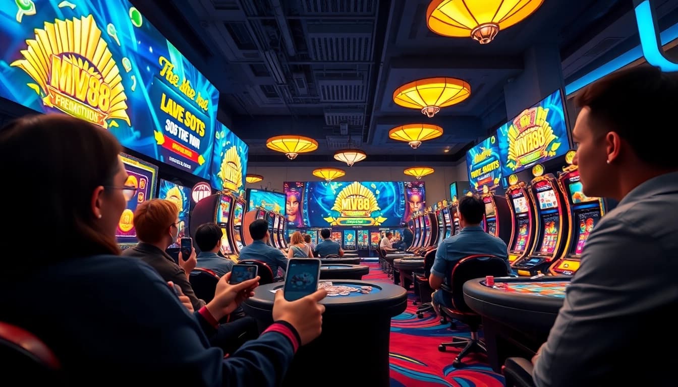 Experience the thrilling MV88 game platform with lively gaming scenes and enticing promotions.