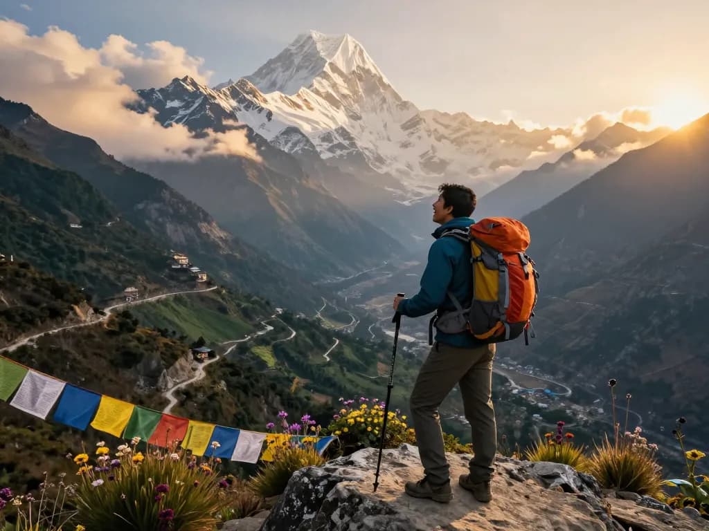 Stunning view of the Annapurna Circuit trekking at sunrise with traveler overlooking snowy peaks and lush valleys.
