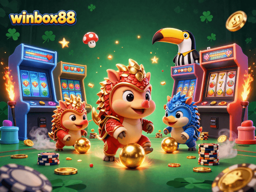 Experience the thrill of winbox88 with rival pangolins in action among vibrant gaming elements.