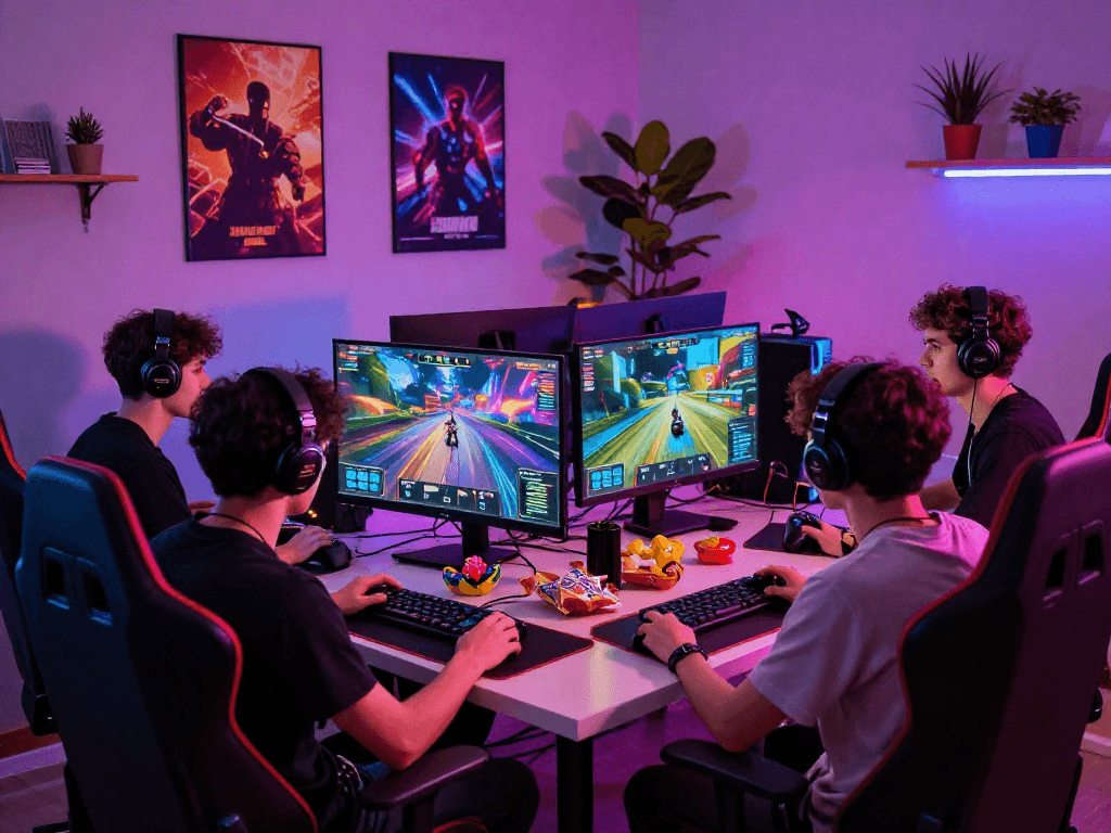 Friends engaging in an exciting gaming session showcasing situs raja328 and vibrant gaming elements.