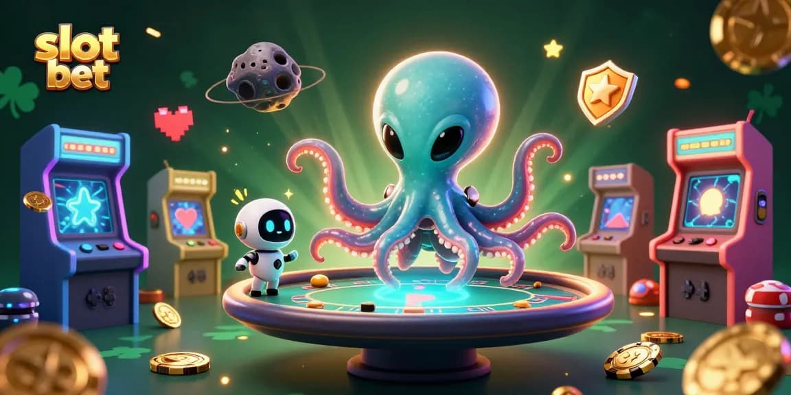 Slot taruhan yang canggih dengan alien dan robot dalam dunia kasino futuristik, penuh warna dan detail.