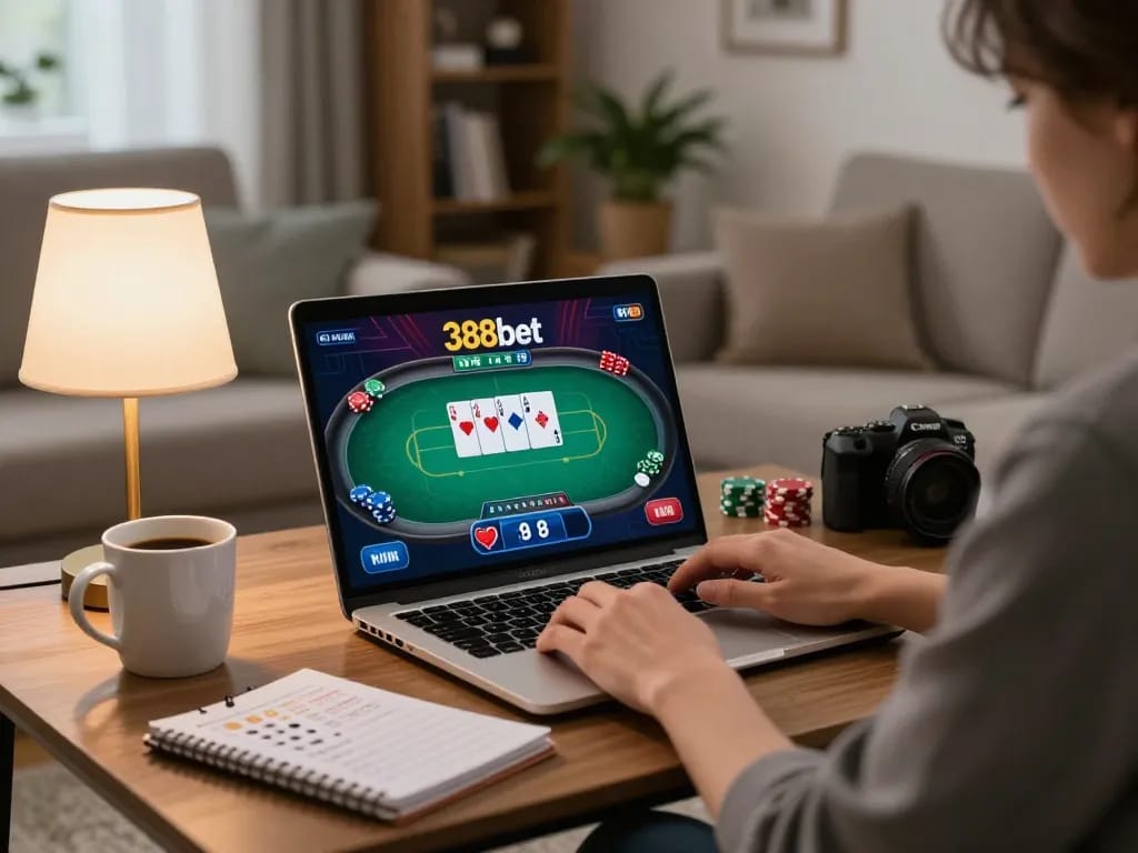 Gambling online at 388bet with a laptop, showcasing poker gameplay while enjoying a cozy home environment and strategic notes.