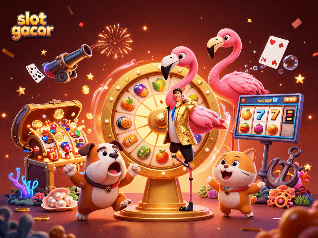 Engaging scene displaying slot gacor excitement with flamingo host, bulldog contestant, and treasure-filled thrills.