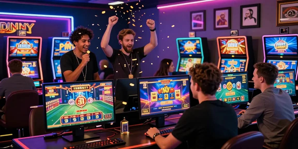 Players celebrating wins while enjoying non UK online casinos in a vibrant gaming atmosphere.
