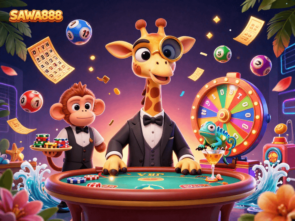Experience thrilling gameplay at SAWA888 with lively characters and vibrant casino elements.