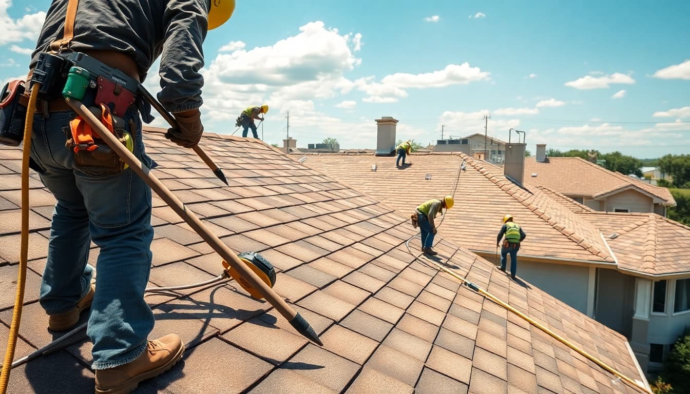 Showcasing Professional roofing services with roofers working diligently on-site, highlighting expertise and craftsmanship.