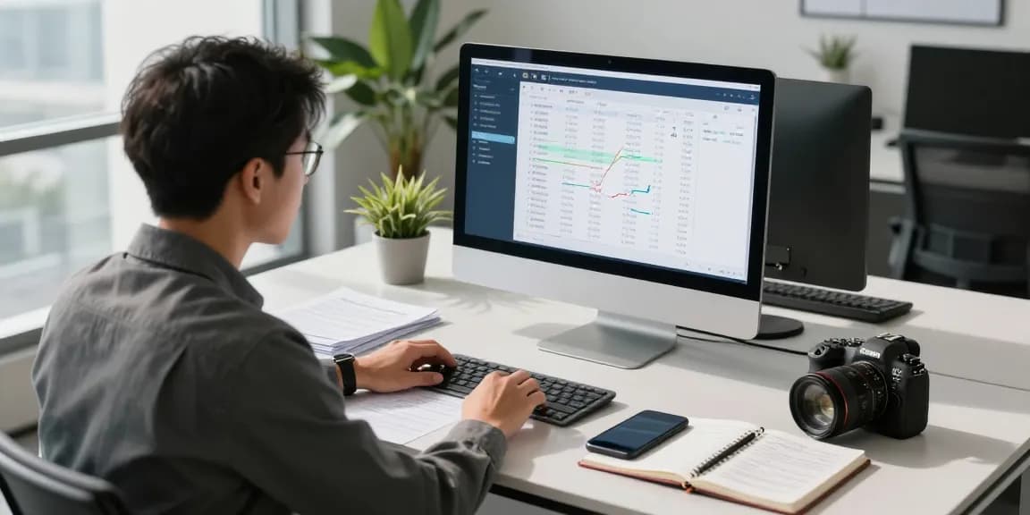 Streamlined asset tracing investigation with an analyst reviewing financial data in a modern workspace
