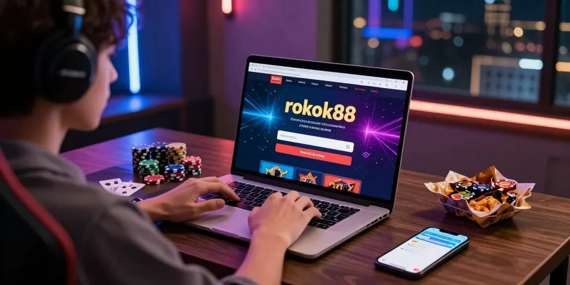 Engaged user logging into rokok88 platform using laptop, gaming setup with chips and cards.