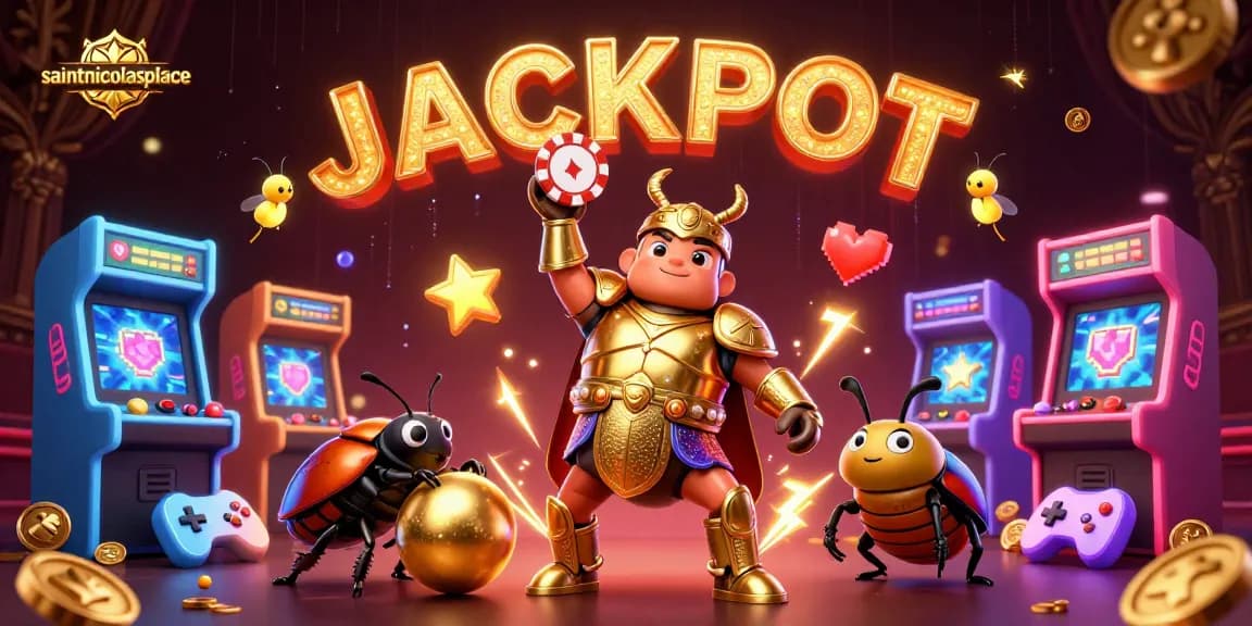 Join the fun at saintnicolasplace, where beetles celebrate winning with a poker chip amidst vibrant casino elements.
