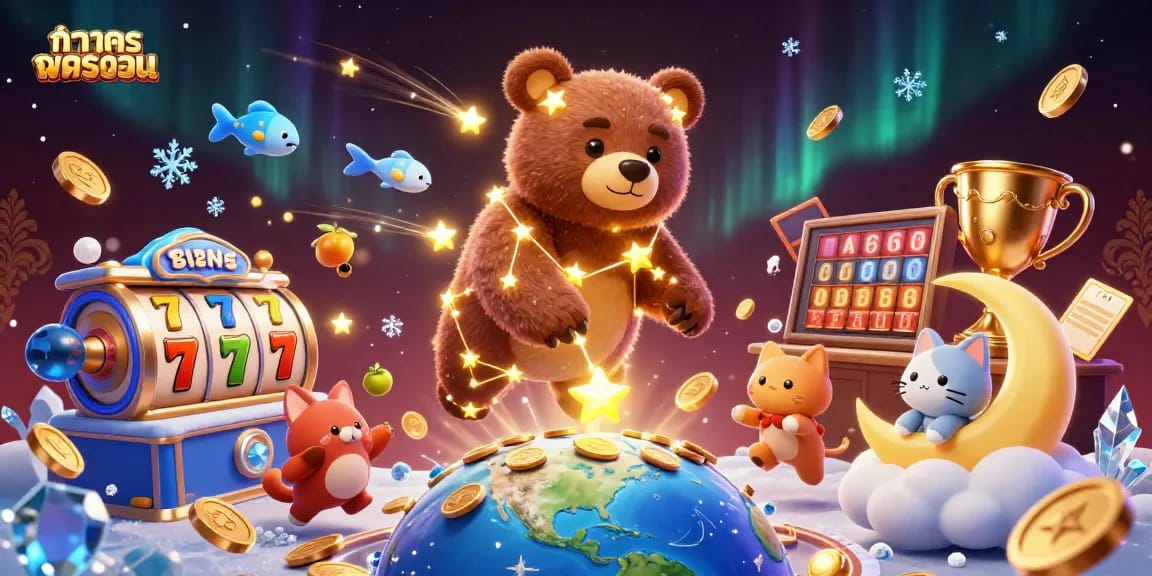 การแสดงผลของเกมคาสิโนที่มีสัญลักษณ์สล็อตและเหรียญทองในหน้าจอ