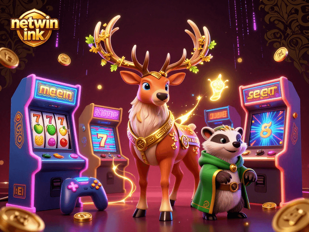 Engage with the excitement of netwin ink in a vibrant casino-themed scene featuring 3D cartoon characters.