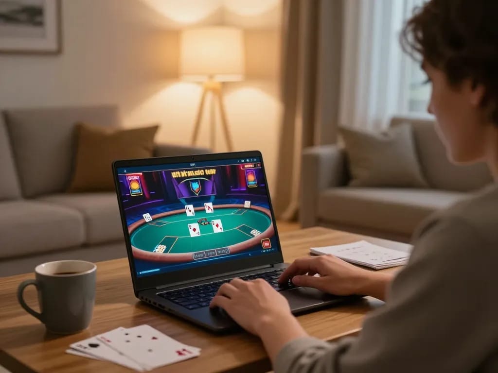 Engaging in online poker while questioning qq88 lừa đảo không ? in a cozy home setting.