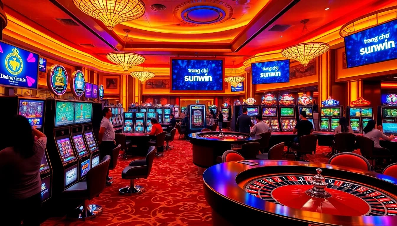 Players enjoying classic games at the vibrant trang chủ sunwin casino, surrounded by excitement and luxury.
