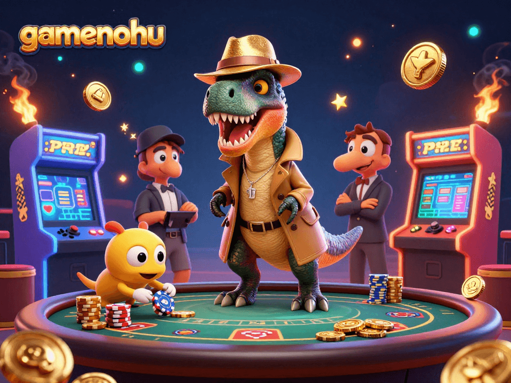 Experience gamenohu thrills with a cartoon velociraptor at a blackjack table amid vibrant casino scenes.