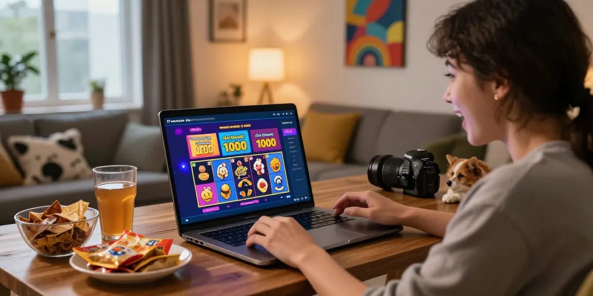 User enjoying slot deposit 1000 gaming experience on laptop in cozy living room.
