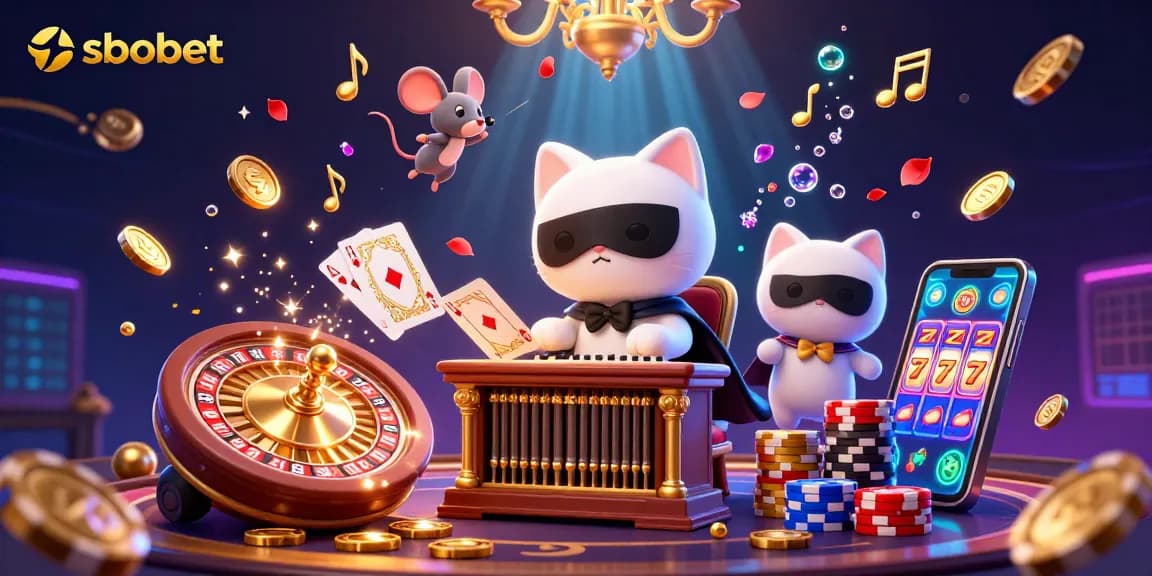 Engage with sbobet's exciting casino world featuring vibrant characters, golden coins, and dynamic gaming elements.