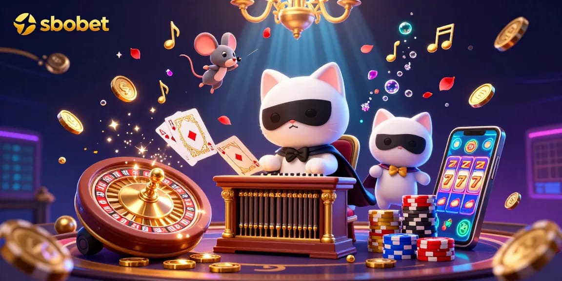 Engage with sbobet's exciting casino world featuring vibrant characters, golden coins, and dynamic gaming elements.
