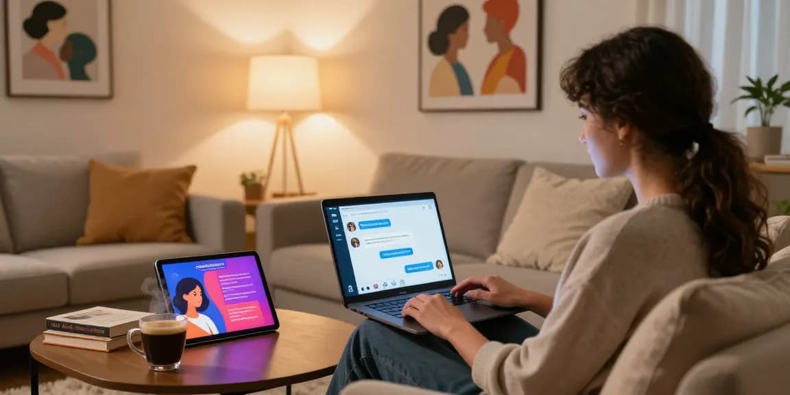 Engaging sex ai chat interaction in a cozy living room, featuring cozy ambiance and modern digital elements.