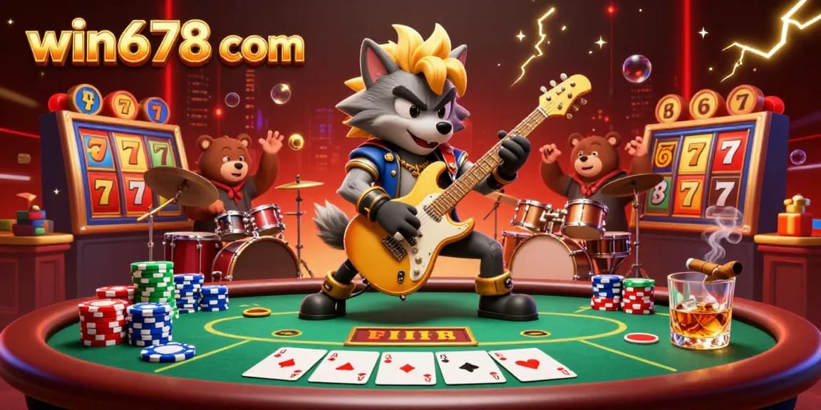 Experience thrilling action at win678 com with a 3D cartoon rock star wolf and vibrant casino elements surrounding an exhilarating gaming atmosphere.