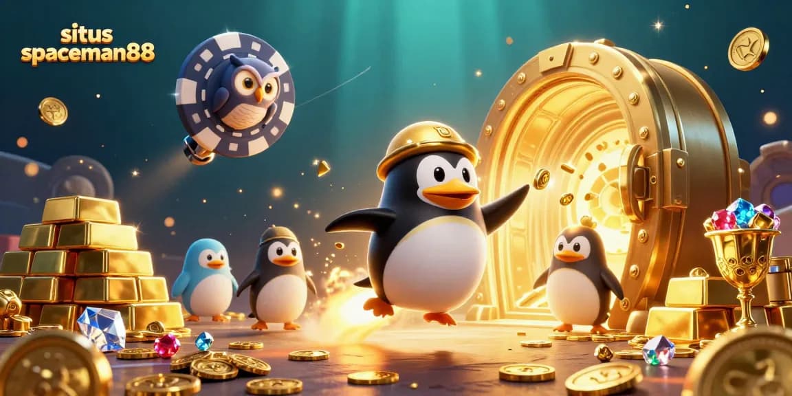 Experience excitement with situs spaceman88 as a penguin blasts through space to a glowing casino station.