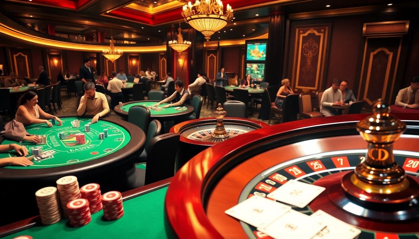 Engaging players at nhà cái vuabai9 gaming tables showcasing poker and roulette.