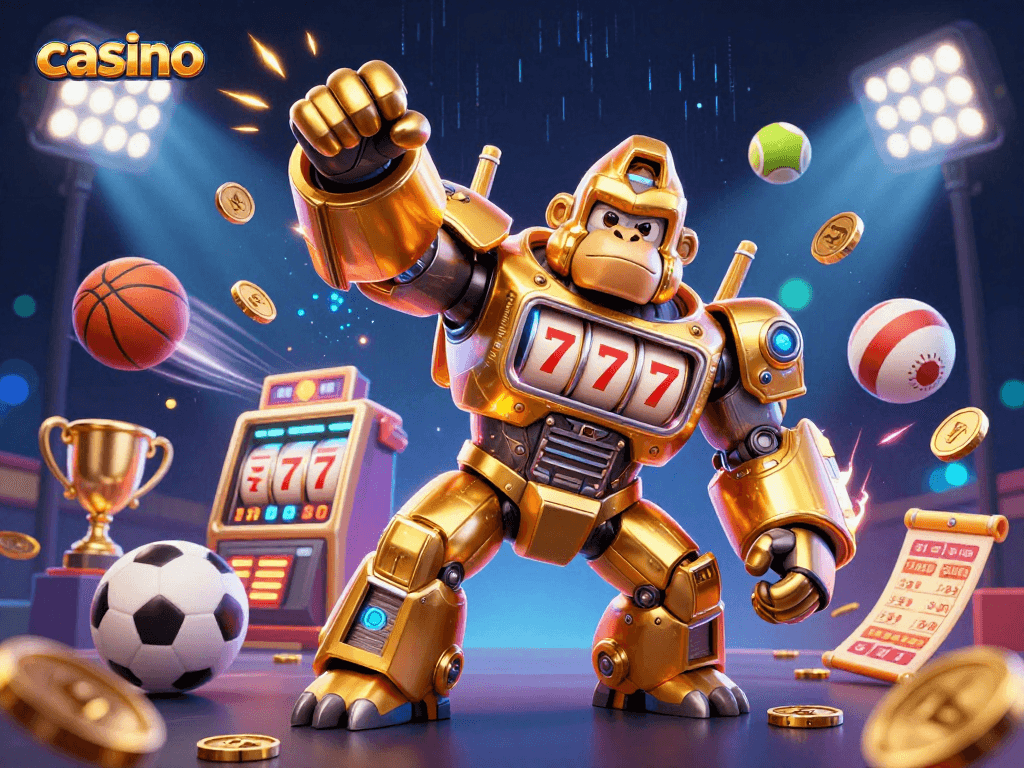 Experience the thrill of casino action with a golden gorilla mech and lively sports balls.