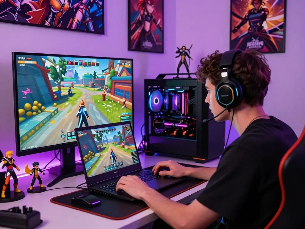 Engaged gamer playing an exciting hentai game on a vibrant digital setup with animated characters.
