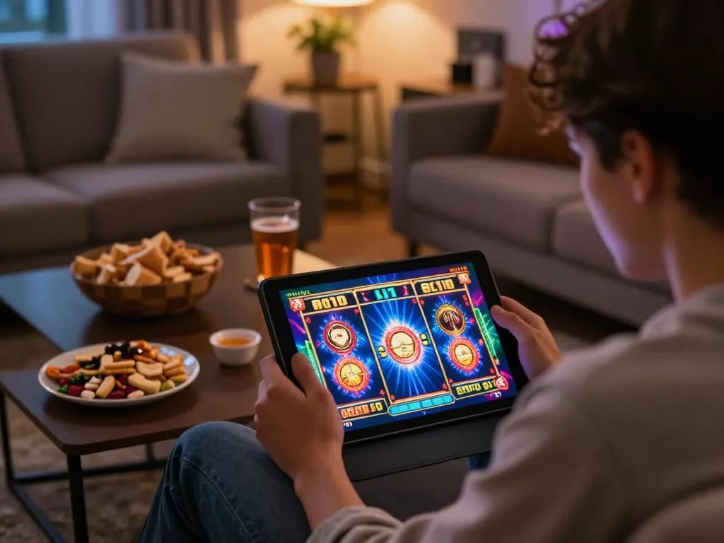 Player enjoying exciting oli 4d slot game on tablet in cozy home setting.